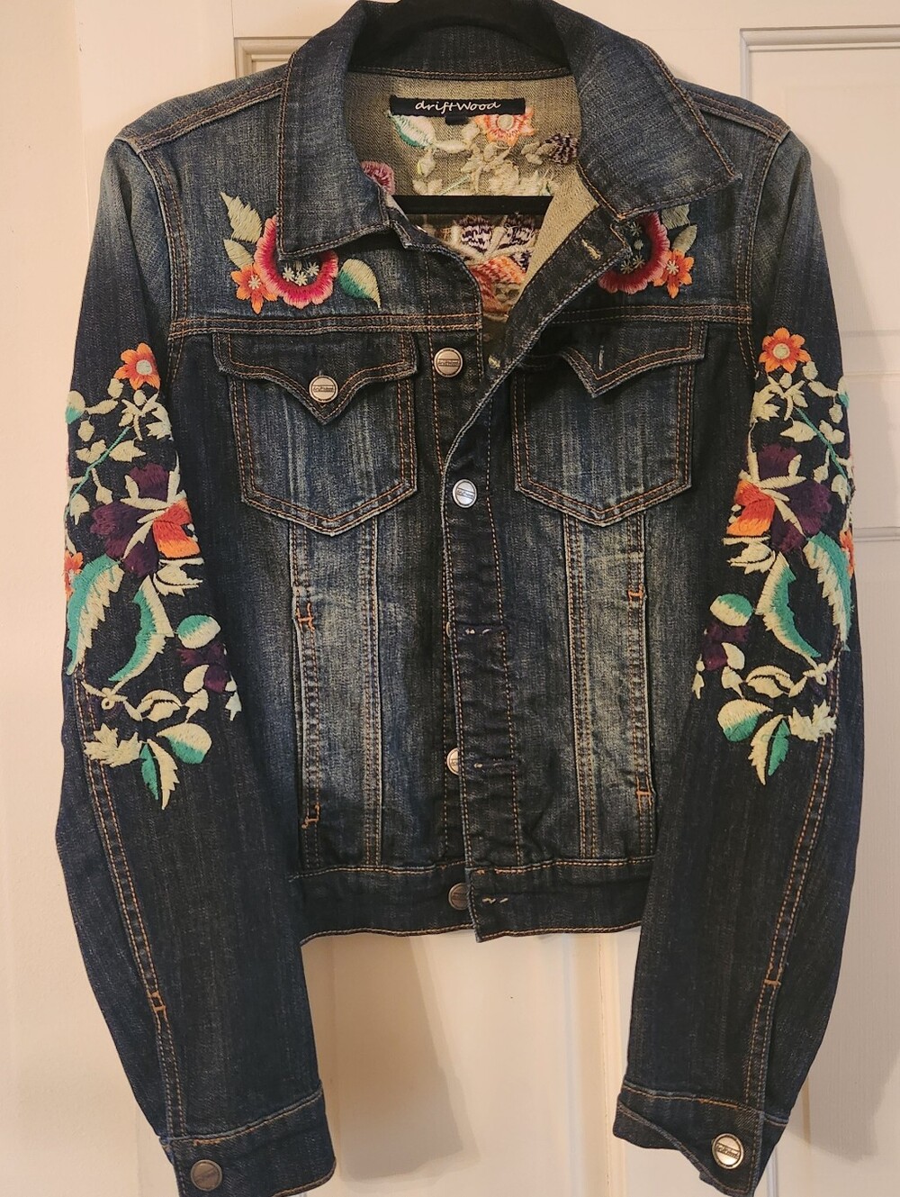 DRIFTWOOD Blue Denim Jacket with Multicolor Floral Embroidery